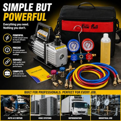 XtremepowerUS 3CFM 1/4HP Vacuum Pump HVAC R134a, R12, R22, R410a, A/C Refrigeration R134 Can Tap Adapter, R134 Quick Connector AC Manifold Gauge Air Conditioner Oil Bottle w/Bag - size: 3 CFM