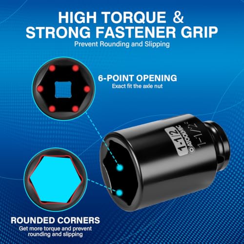 1/2" Drive x 1-1/2 Inch Deep 6PT CR-MO Impact Socket for Removing Axle nut | SAE Socket,6-Point Radius Corner Design,Two Size Markings,Square Chamfered Opening,For Removal of Axle Nut - size: 1-1/2 Inch, style: 1/2" Drive Deep Socket
