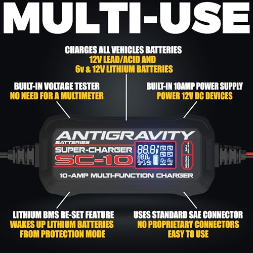 Antigravity SC-10 Super-Charger 10A Smart Battery Charger & Maintainer for 6V/12V Lithium (LiFePO4) & 12V Lead-Acid Batteries – Wall-Powered, LCD Display, Power Supply Mode, BMS Reset