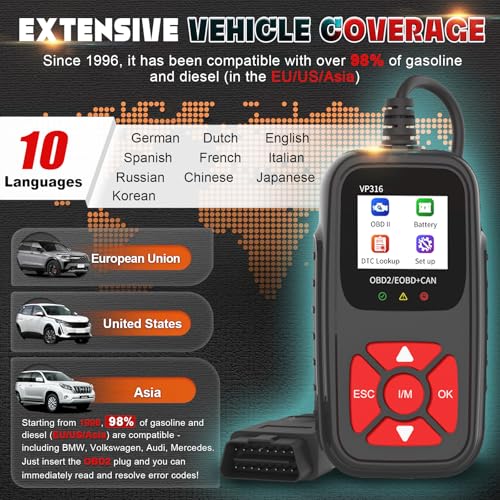 OBD2 Diagnostic Tool for All Vehicles from 1996 Onwards, Read & Solve Error Codes + Live Data Directly on the Display, Compatible with BMW, VW, Audi, Mercedes, CE Certified & Plug & Play - color: VP316