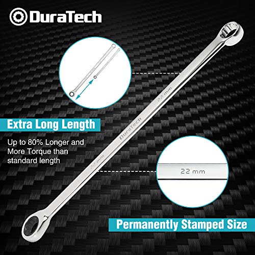 DURATECH Extra Long Ratcheting Wrench Set, Double Box End, Metric, 9-Piece | 8mm-22 mm, CR-V, 72-Tooth, 5° swing arc, 12-Point, More Torque, for Narrow Spaces, with EVA Foam Organizer - size: 9-Piece Set