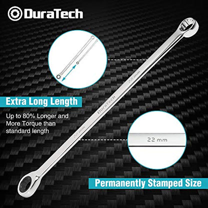 DURATECH Extra Long Ratcheting Wrench Set, Double Box End, Metric, 9-Piece | 8mm-22 mm, CR-V, 72-Tooth, 5° swing arc, 12-Point, More Torque, for Narrow Spaces, with EVA Foam Organizer - size: 9-Piece Set