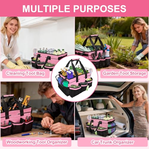 Large Cleaning Caddy Bag – Cleaning Supply Organizer Tote Bag with Handle & Adjustable Shoulder Strap for Housekeeping,Car Detailing,Portable Cleaning Caddy for Cleaning Supplies(Pink)