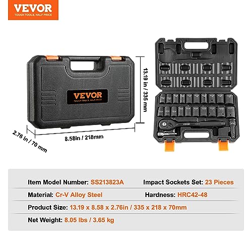 VEVOR 1/2" Drive Impact Socket Set, 23 Piece Socket Set SAE （7/16" -1"）& Metric （13-24mm）6 Point Cr-V Alloy Steel for Auto Repair with Ratchet Handle Rugged Construction Storage Case - style: 1/2" 23PCS