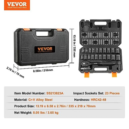 VEVOR 1/2" Drive Impact Socket Set, 23 Piece Socket Set SAE （7/16" -1"）& Metric （13-24mm）6 Point Cr-V Alloy Steel for Auto Repair with Ratchet Handle Rugged Construction Storage Case - style: 1/2" 23PCS