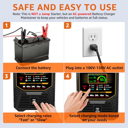 PLXX 12V 24V Car Battery Charger Heavy Duty 0-15A Automatic Smart Trickle Charger with Auto Shutoffs, Repair, Winter Mode, for Automotive Car Truck Motorcycle Lawn Mower Boat Marine AGM