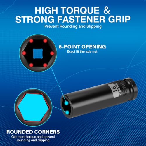 1/2 Inch Drive x 16mm Deep 6PT CR-MO Impact Socket for Removing Axle nut | Metric Socket,6-Point Radius Corner Design,Two Size Markings,Square Chamfered Opening,For Removal of Axle Nut - size: 16 mm, style: 1/2" Drive Deep Socket