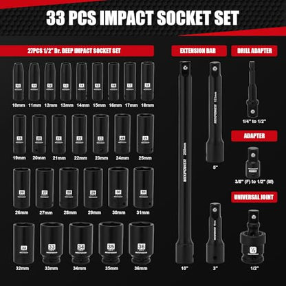 MIXPOWER 33 PCS 1/2” Drive Impact Socket Set, 10 to 36mm Deep Socket, 6-Point Hex Socket with Portable Case,Metric,CR-V&CR-MO Steel - size: 33 PCS(10MM-36MM)