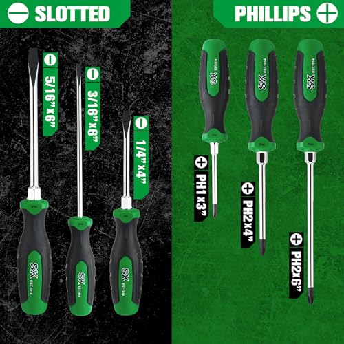 SK 6-Piece Magnetic Screwdriver Set, S2 Steel, 3 Slotted & 3 Phillips Screwdrivers, SureGrip Handle - style: Slotted & Phillips