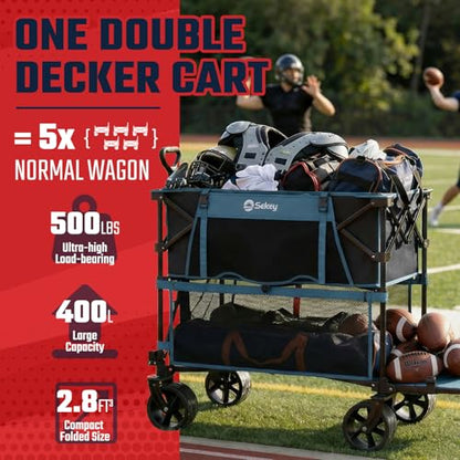 Sekey 500LBS Heavy Duty Double Decker Wagon with Extender, 400L Large Capacity Collapsible Garden Cart Fits 10x10 Canopy, All-Terrain Big Wheels with Brakes, Foldable Utility Wagon for Sports, Camping - color: Blue