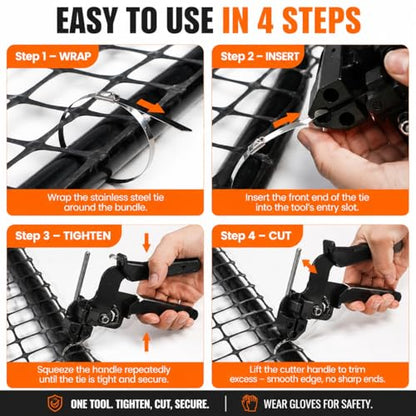 153PCS Stainless Steel Cable Tie Gun Kit with Heavy Duty Metal Zip Ties (100PCS 11.8"+ 50PCS 7.8") with Zip Tie Organizer & Release Tool for Chain Link Fence, Exhaust Pipe, Outdoor & Industrial