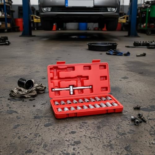 23 Pieces Drain Plug Socket Set Multiple-Size Sockets Transmissions Drain Tool 3/8 Inch Drive Oil Pan Bolt Wrench Kit for Mechanics