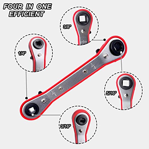 HVAC Service Wrench Set, Air Conditioner Valve Curved Ratchet Wrench (1/4", 3/8", 3/16", 5/16"), with Hexagon Bit Adapter Tool Kit for Refrigeration Equipment and Repair