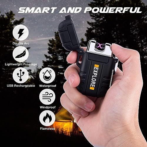 LcFun Electric Lighter Windproof Dual Arc USB Rechargeable Flameless Plasma Lighters Waterproof Matches for Camping Hiking Survival Tactical Gear Birthday Gifts for Men Husband - color: Black