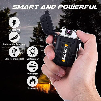 LcFun Electric Lighter Windproof Dual Arc USB Rechargeable Flameless Plasma Lighters Waterproof Matches for Camping Hiking Survival Tactical Gear Birthday Gifts for Men Husband - color: Black