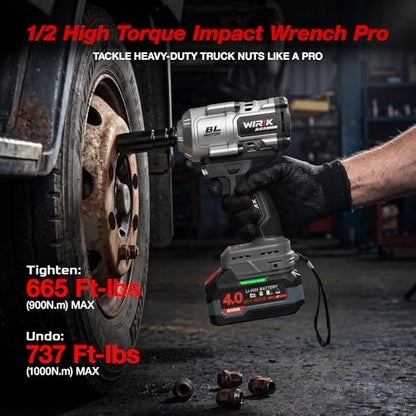 WIRIK Cordless Impact Wrench, 21V 1/2" Brushless High Torque Impact Gun | 1000N.m (737Ft-lbs) Breakaway Torque, 2x4.0Ah Batteries, Auto Stop, LED Light, 3 Modes & 5 Sockets for Truck, RV & Heavy Duty