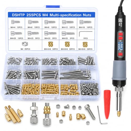 255PCS M4 Heat Set Insert Kit for 3D Printing, 60W Digital Soldering Iron with Adjustable 200-500°C Temperature, Brass Threaded Inserts, Bolts, Nuts, M4 Insert Tips for Plastic & 3D Printed Parts