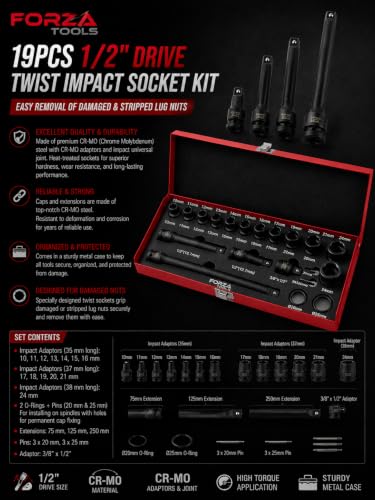 19-Piece 1/2" Drive Twist Impact Socket Set, Damaged Lug Nut Remover Kit, Stripped Bolt Extractor Tool with CR-MO Steel, Professional Metric & SAE Rescue Set