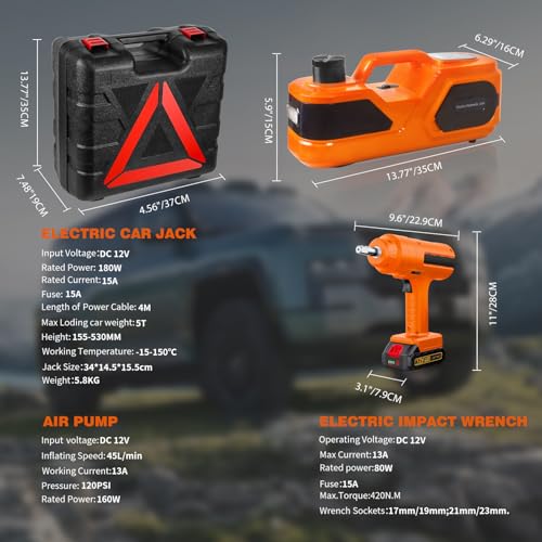 E-HEELP 5 ton Cordless Electric car Jack kit with Hydraulic Lift,Lithium Battery & Double Cylinder air Pump & LCD Touch Screen - Portable car Jack and Stand kit Includes Impact Wrench