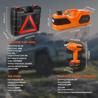 E-HEELP 5 ton Cordless Electric car Jack kit with Hydraulic Lift,Lithium Battery & Double Cylinder air Pump & LCD Touch Screen - Portable car Jack and Stand kit Includes Impact Wrench