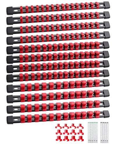 ALOANES 12PC Socket Organizer, Socket Rails Fit 1/2", 1/4" and 3/8" Drive | Heavy Duty ABS Socket Holders Hold up 172 Sockets for Toolbox Drawer Bags(Red) - color: Red, size: 12PC, 1/2, 3/8 & 1/4-inch Drive
