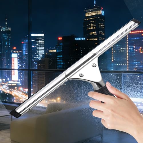 14-Inch Shower Squeegee for Glass Doors, Windows and Mirrors, Stainless Steel Bathroom Water Wiper with Flexible Blade and Ergonomic Handle - color: Black+silver