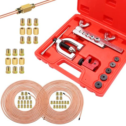 25 ft 3/16 + 1/4 Copper Coated Brake Line Tubing Kit(Includes 44 Fittings and 6 Unions) with Double & Single Flaring Tool Kit - size: 3/16 + 1/4 Inch Gold, style: Brake Line Kit