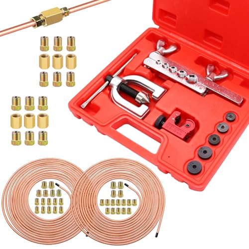 25 ft 3/16 + 1/4 Copper Coated Brake Line Tubing Kit(Includes 44 Fittings and 6 Unions) with Double & Single Flaring Tool Kit - size: 3/16 + 1/4 Inch Gold, style: Brake Line Kit