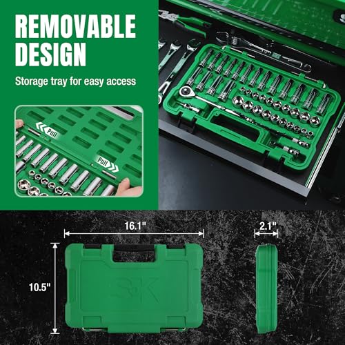 SK 3/8" Drive Socket Set with 216-P Ratchet, SAE & Metric, CR-V Steel | 41-Piece Sockets with Quick-Release Ratchet, SuperKrome Finish, Heat Treated, with Storage Suitcase - size: 3/8" Drive