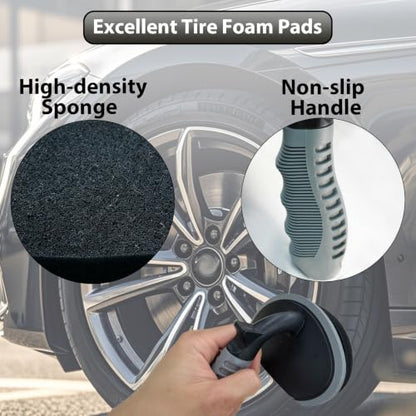 Tire Shine Applicator Pads with Handle, Tire Dressing Applicator with Extra Pad, Reusable Tire Shine Sponge Wave Contoured for Car Detailing (1 Handle & 2 Pads)