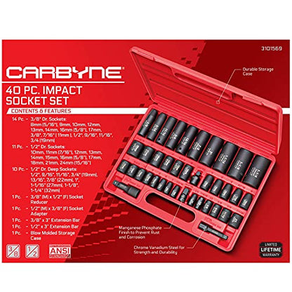 CARBYNE 40-Piece Impact Socket Set, SAE and Metric, Standard and Deep, 3/8 and 1/2 in. Drive, Corrosion-Resistant Finish, 6 Point, Storage Case