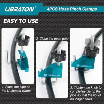 Libraton 4PCS Hose Pinch Off Pliers Set, Hose Clamp Pliers Automotive for Fuel Line, Brake Line Clamp Coolant Radiator Hose Clamp Kit- 3/8" 1/2" 1" 1-3/4" Fluid Gas Line Clamps Tools