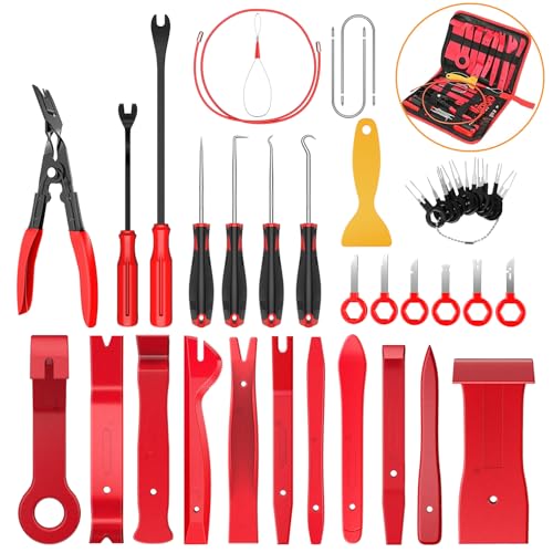 GOOACC 40Pcs Trim Removal Tool,Auto Terminal Removal Key Tool,Auto Clip Pliers Stereo Removal Tools,Car Upholstery Repair Removal Kit,Precision Hook and Pick Set,Wiring Threader,Car Film Scraper - color: Red