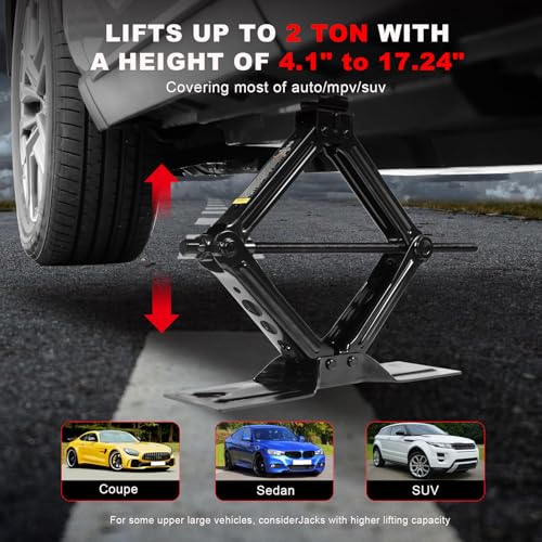 Big RED Car Jack 2Ton/4409 lbs Universal Scissor Jack with Rubber Pad, Portable Tire Changing Kit with Lug Wrench, Emergency Kit for Sedan SUV MPV - size: 2Ton