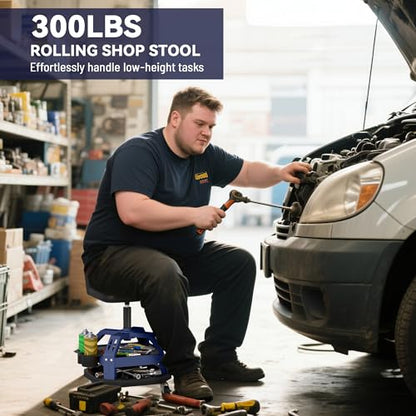 HOMCOM Rolling Mechanic Stool 300 LBS Capacity, Backrest 360° Wheels Blue | Pneumatic Creeper Garage Stool, Heavy Duty Roller Seat, Padded Shop Chair, Tool Tray Storage, Adjustable Height - color: Blue