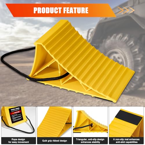 Wheel Chocks for RV Trailer, 4 Pack Non Slip Wheel Chocks for Travel Trailers with Rope for Easy Removal, Lightweight Plastic Wheel Stoppers Block for Camper Cars Trucks