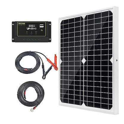 Topsolar Solar Panel Kit 20W 12V Monocrystalline with 10A Solar Charge Controller + Extension Cable with Battery Clips O-Ring Terminal for RV Marine Boat Off Grid System - size: 20W