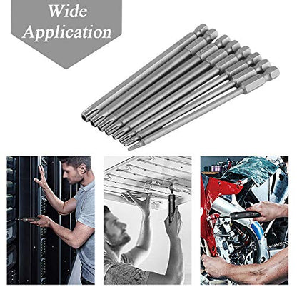 Mesee 8Pcs Magnetic Torx Head Screwdriver Bits with 1/4 Inch Shank, T8-T40 S2 Steel Star Torx Screwdriver Bit Set for Woodworking Home Repairing Tool Accessory - 100mm Length - size: 100mm