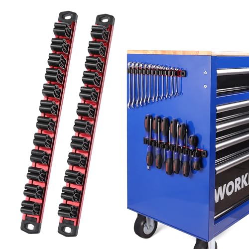 WORKPRO Magnetic Screwdriver and Wrench Organizer Set, 24-Slot Tool Holders | 2-Pack Aluminum Rails, Magnetic Force, Flexible High-Tension Tool Clips, For Tool Box Drawer & Wall-Mount Storage - color: Red, size: 2 Pack