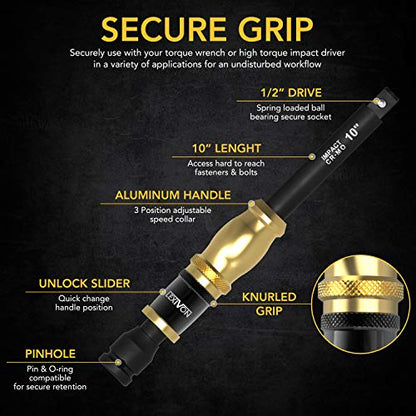 LEXIVON 1/2" Impact Driver Speed Collar 10" Impact Extension Bar | Adjustable 3-Position Aluminum Spinning Handle, Cr-Mo Steel Extension = Fully Impact Grade (LX-116) - size: 10” Impact Extension w/ Grip Handle
