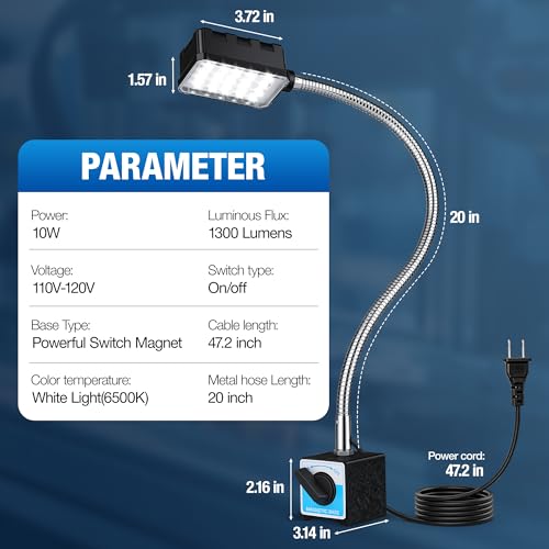 Magnetic Work Light, 1300 Lumens Led Machine Lights | Strong Magnetic Base, 20 inch Flexible Magnetic Lamp, For Garage, Workshop, Bandsaw, Lathe, Drill Press, 120V