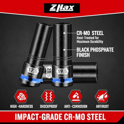 1/2" Drive Thin Wall Lug Nut Socket Set, 4 PCS Half Size Metric Impact Wheel Socket,17.5mm, 19.5mm, 21.5mm, and 22.5mm, Cr-Mo Steel For Damaged, Swollen and Stuck Lug Nuts