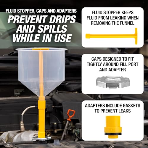 OEMTOOLS No-Spill Coolant Funnel Kit, 15 Piece Fluid and Oil Funnel Set, Allows Access To Hard-To-Reach Radiators | Allows Access To Hard-To-Reach Radiators, Includes 45° Angled and 5" Extension, Spill Free Funnel Kit Cooling System - style: 15 Piece