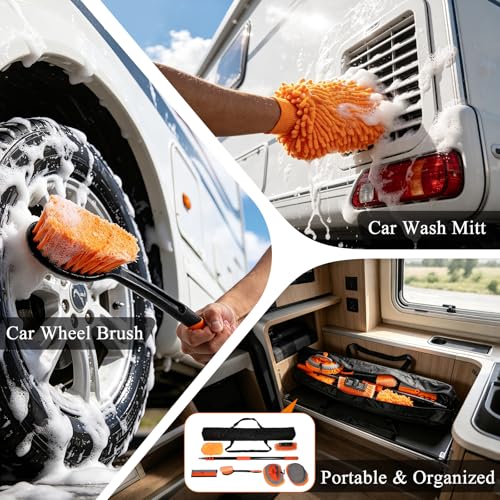 Truck Wash Kit with Long Handle, 12FT Extension Pole with Car Wash Brush, Mop & Window Squeegee, Exterior Cleaning Kit for RV, Large Truck & Car, Includes Wheel Brush, Wash Mitt & Storage Bag