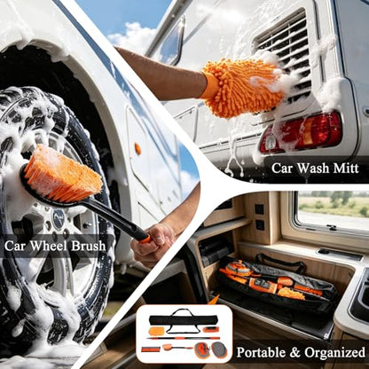 Truck Wash Kit with Long Handle, 12FT Extension Pole with Car Wash Brush, Mop & Window Squeegee, Exterior Cleaning Kit for RV, Large Truck & Car, Includes Wheel Brush, Wash Mitt & Storage Bag