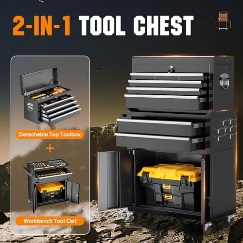 Oakcloud Heavy-Duty 8-Drawer Rolling Tool Chest and Cabinet Combo with Lock, Detachable Top Box, Side Hooks & Black Liners,Black - color: Black, size: 8-Drawer