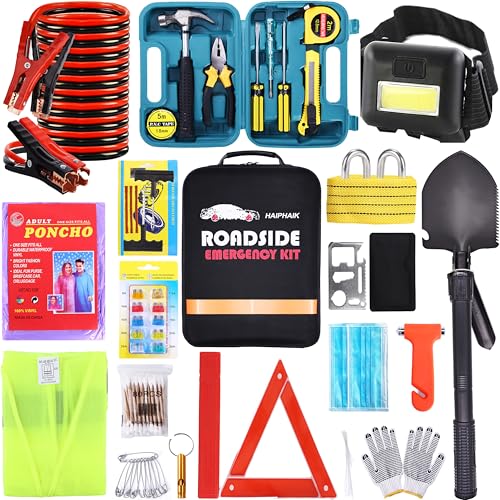 Car Emergency Kits for Vehicles with Jumper Cables Automotive Safety Kits | Roadside Emergency Car Kit headlamp, Reflective Triangle, Safety Hammer, Folding Shovel, Ideal Gifts for New Drivers - size: 84-xx
