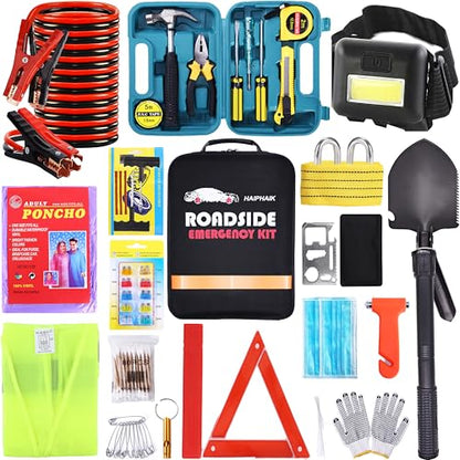 Car Emergency Kits for Vehicles with Jumper Cables Automotive Safety Kits | Roadside Emergency Car Kit headlamp, Reflective Triangle, Safety Hammer, Folding Shovel, Ideal Gifts for New Drivers - size: 84-xx