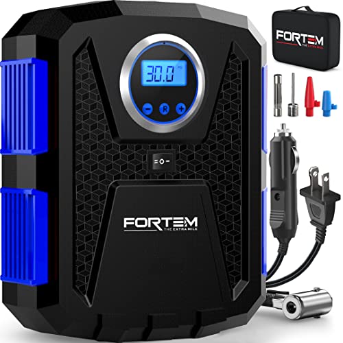 FORTEM Tire Inflator Portable Air Compressor, Air Pump for Car Tires and Bikes, Car Tire Pump w/Auto Shut Off, 150 PSI, 110V AC 12V DC, LED Light, Carrying Case, Perfect For Men, Women - color: Blue, size: Large