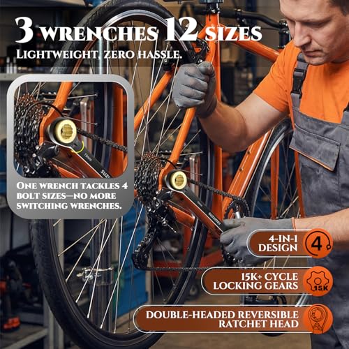 SUZUME 4 in 1 Ratchet Wrench 3-Piece Metric Reversible Ratcheting | 8,9,10,11,12,13,16,18,14,15,17,19mm with Storage Bag and EVA Foam 15K Gear Cycles for Vehicle Motorcycle Engine Bike DIY - size: Metric